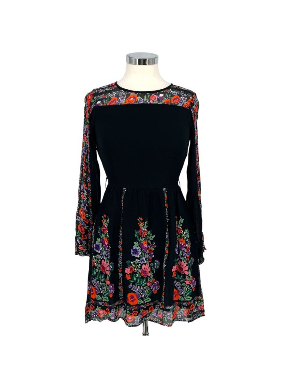 Topshop Floral Bell Sleeve A-Line Mini Dress Black Multicolor Size 4
